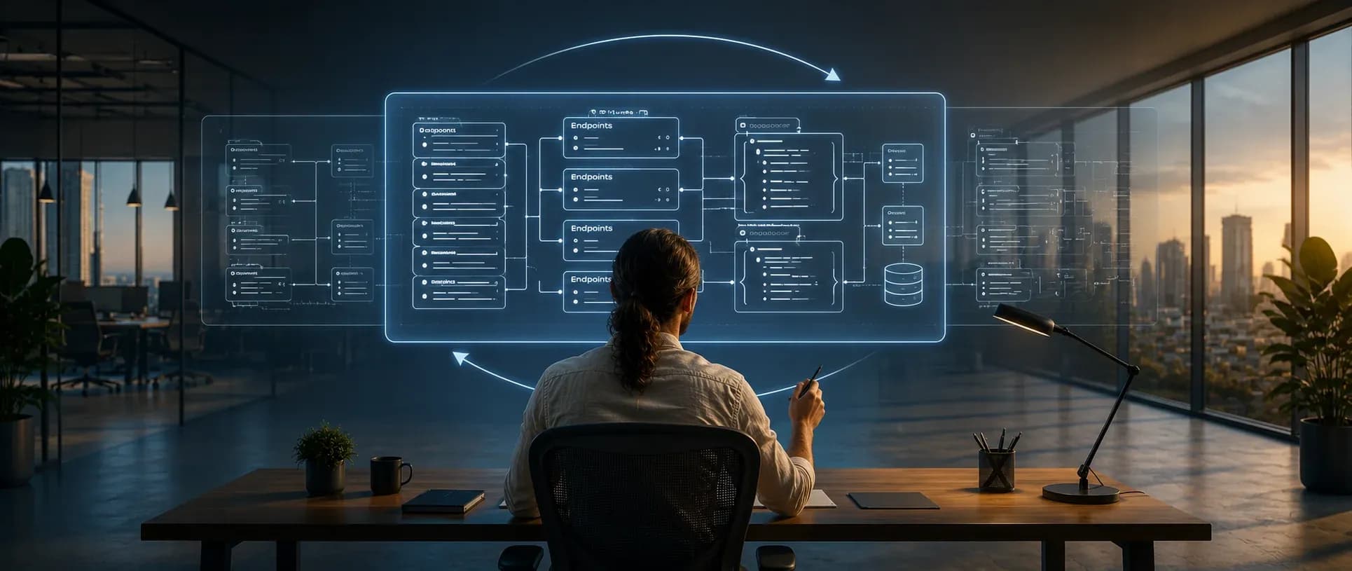 Developer reviewing a glowing API architecture diagram of endpoints and services. AI-generated image.
